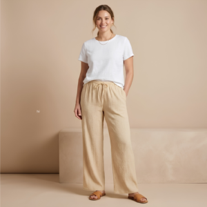 Textured Cotton Wide-Leg Trousers for Women
